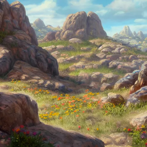 Image similar to a matte painting of the wild west, patchy flowers and rocks, oil painting, pale colors, high detail, 8 k, wide angle, trending on artstation,