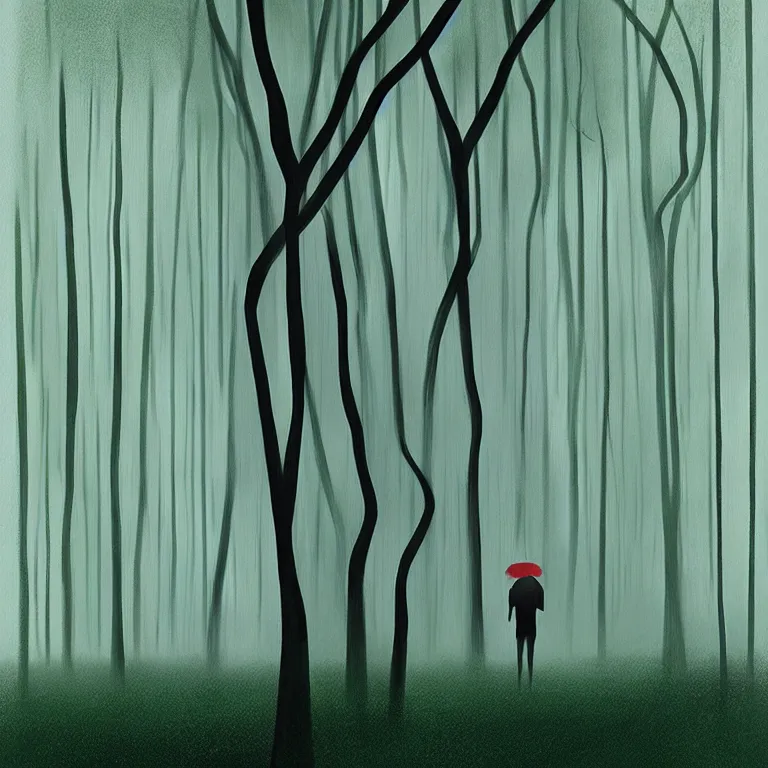 Image similar to a painting of a person standing in the rain surrounded by trees, a digital rendering by Eyvind Earle, deviantart, digital art, matte drawing, deviantart, soft mist