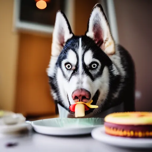 Prompt: a high - quality photo of a husky eating a birthday cake, f 3. 5, sharpened, iso 2 0 0