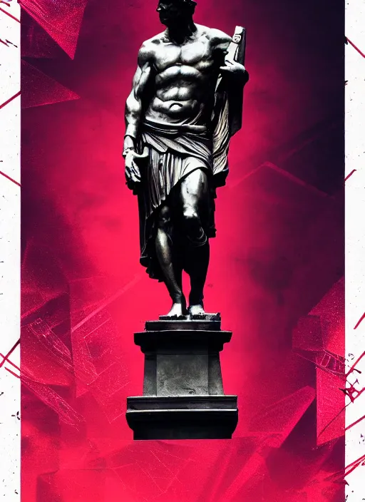 Image similar to black background with subtle red and purple design elements, statue of julius caesar, nekro, movie poster, thin lines, dark, glitch art, neo vaporwave, gritty, layout frame, trending on artstation