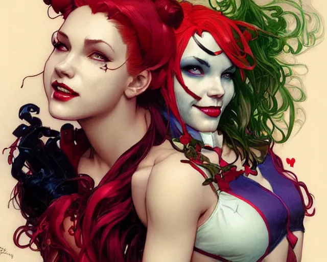 Image similar to poison ivy and harley quinn smooching, digital painting, trending on artstation, by artgerm and greg rutkowski and alphonse mucha