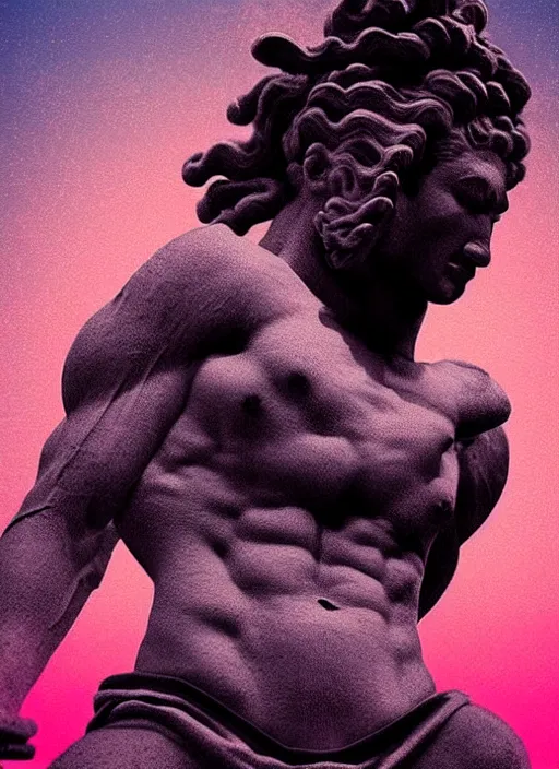 Image similar to statue of victorious hercules, beeple, vaporwave, retrowave, tonal separation, black background, glitch, pixel sorting, strong contrast, pinterest, trending on artstation