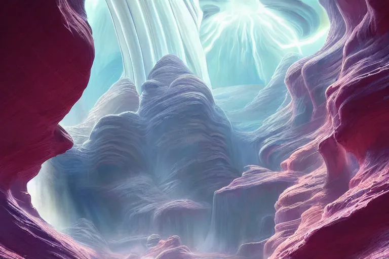 Image similar to Celestial majestic luxurios futuristic other worldly realm with Singaporean royal gold lush volcano, intense volcanic eruption, set on chic Antelope Canyon with white thermal waters flowing down pink travertine terraces, relaxing, ethereal and dreamy, thunderstorms and multiversal tornado, visually stunning, from Star Trek 2021, illustration, by WLOP and Ruan Jia and Mandy Jurgens and William-Adolphe Bouguereau, Artgerm