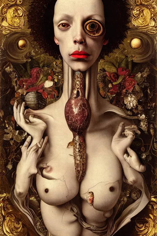 Image similar to Detailed maximalist portrait with large lips and with large wide eyes, surprised expression, surreal extra flesh and bones, HD mixed media, 3D collage, highly detailed and intricate, illustration in the golden ratio, in the style of Caravaggio, dark art, baroque