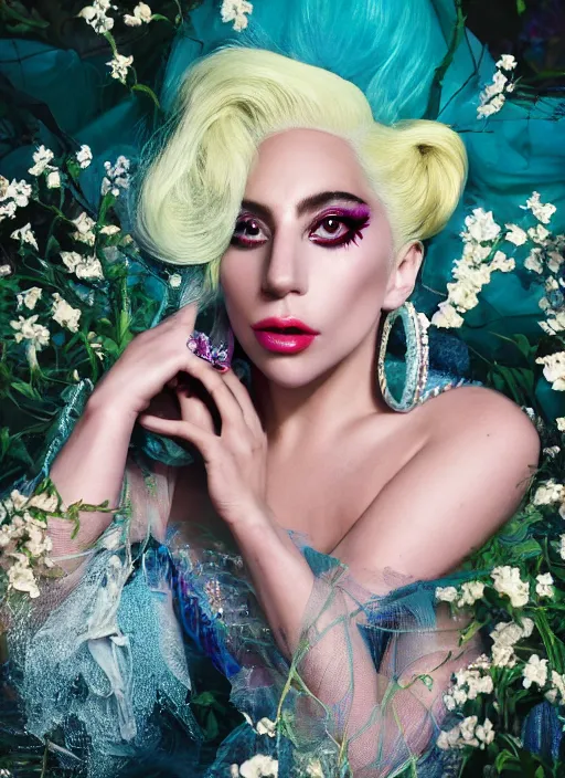 Image similar to lady gaga photohoot artpop disney princess, vogue magazine, fairytale, Highly realistic. High resolution. Highly detailed. Dramatic. 8k.4k.