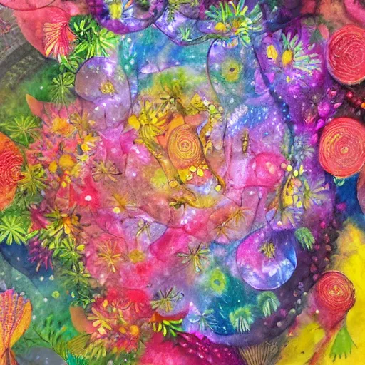 Image similar to Mixed media art. This illustration is a large canvas, covered in a wash of color. In the center is a cluster of flowers, their petals curling and twisting in on themselves. The effect is ethereal and dreamlike, and the overall effect is one of serenity and peace. by Toyo Ito robust