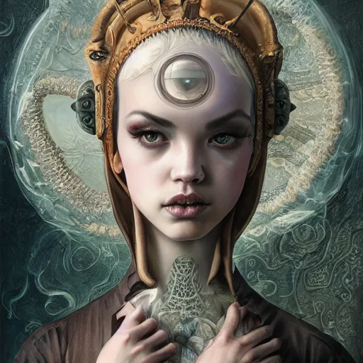 Image similar to tom bagshaw, grotesque and bizarre curiosities in steampunk lovecraftian world, beautiful asian mix of dove cameron madison beer bella poarch in a full dress, pure makeup, professionally retouched, focus eyes, ultra realistic soft painting, insanely detailed linework, symmetrical accurate intricate features, behance, 8 k