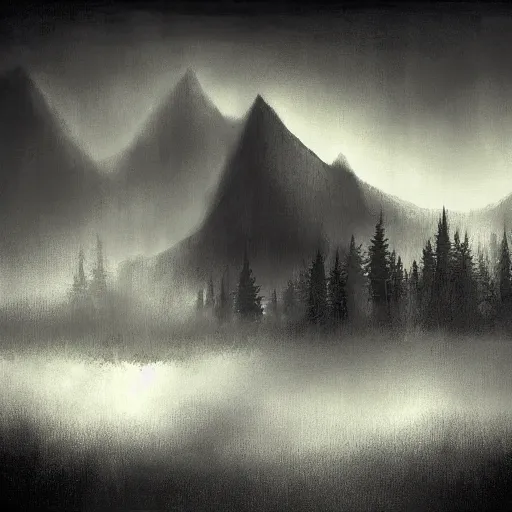 Prompt: digital and traditional art painting of ethereal plane with forest and mountainside, black and white, sharp, muted hint of colour, high detail, textured, by caestrad, dark background, unsettling, mystic, perfect lighting, high contrast, arstation, chris cold, artgerm, golden ratio, hard blacks, lightrays