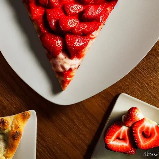 Prompt: a strawberry ((🍕)) made entirely out of 🍓, 🍓🍕 hybrid, 4k food photography,