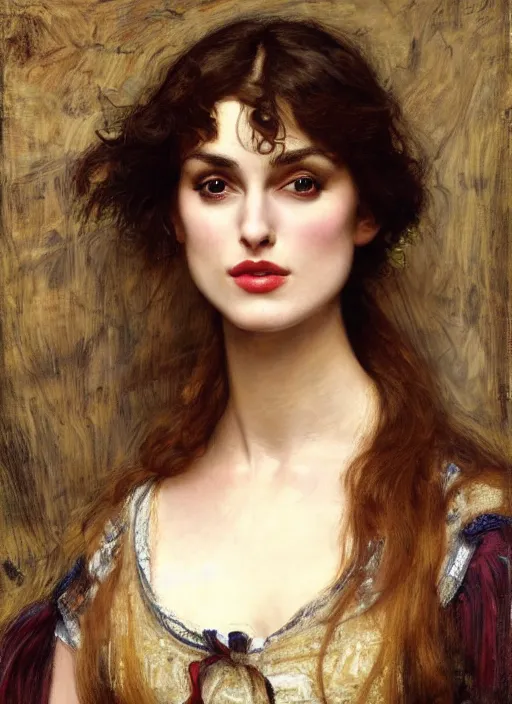 Image similar to a beautiful painting of Kiera Knightley by John Everett Millais and Dante Gabriel Rossetti and John Collier and john william waterhouse, pre-raphaelite, detailed, trending on artstation, hd, masterpiece