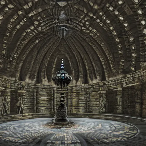 Prompt: a gigantic round underground room with a computer terminal pillar in the center and cables running in the walls, ancient stones with dry foliage, intricate stone texture and giant statues, terminal screen with an entry menu, large shaded room with water dripping from the side and huge hallways going to all sides, artistic render, soft light rays