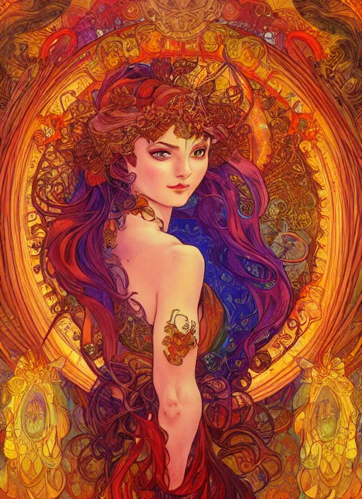 Image similar to Fire Goddess, ambient lighting, 4k, josephine wall, alphonse mucha, lois van baarle, ilya kuvshinov, rossdraws, artstation