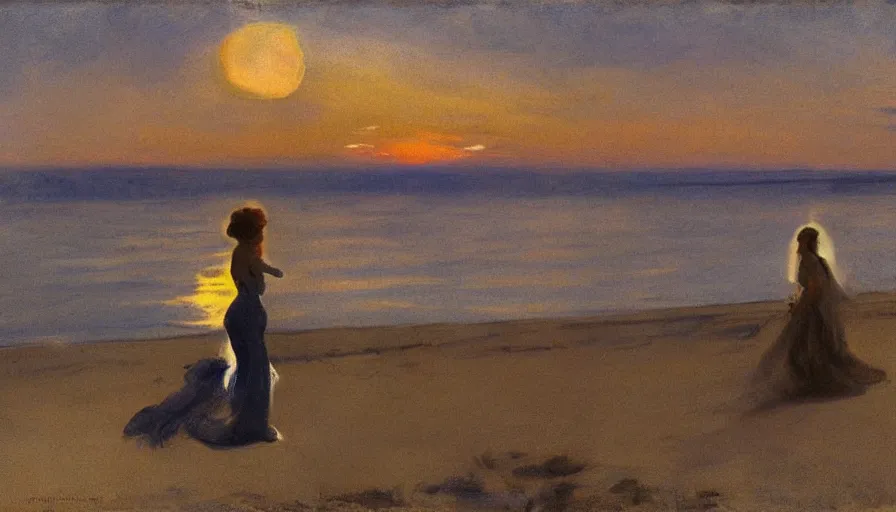 Image similar to ghostly woman singing on the beach, overlooking the sea during sunset, by john singer sargent