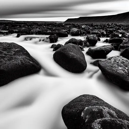 Image similar to minimalist black and white photograph of an icelandic valley, time exposure, of a river, sharp tall pillars, sharp rocks,