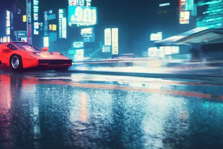 Image similar to a 1 9 7 8 mclaren f 1, speeding down tokyo highway in the rain, night time, neon lights, thunderstorm, movie still from the movie bladerunner 2 0 4 9