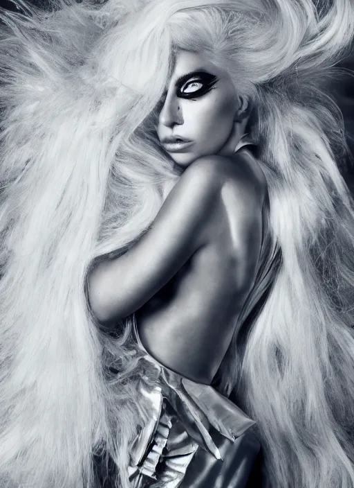 Prompt: lady gaga styled by nick knight posing, photohoot, set pieces, intricate set, vogue magazine, canon, highly realistic. high resolution. highly detailed. dramatic. 8 k. 4 k.