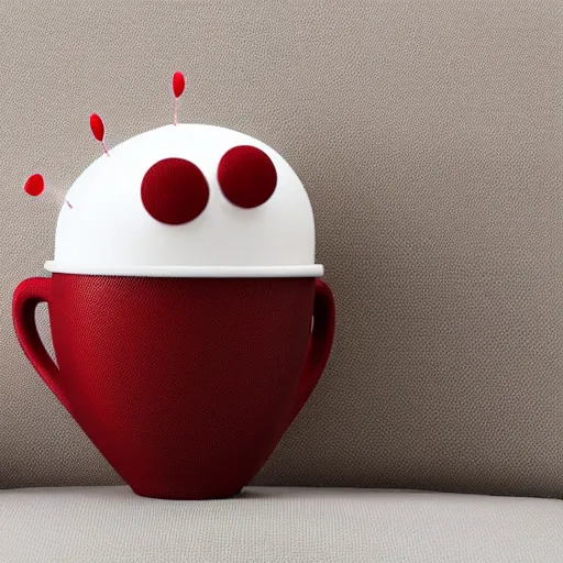 Prompt: white pillow creature with red button eyes holding a coffee cup