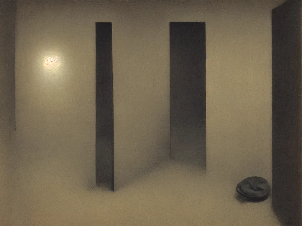 Prompt: Interior of a Zen monk cell. Grazing light, high contrast. Painting by Vilhelm Hammershoi, Rothko