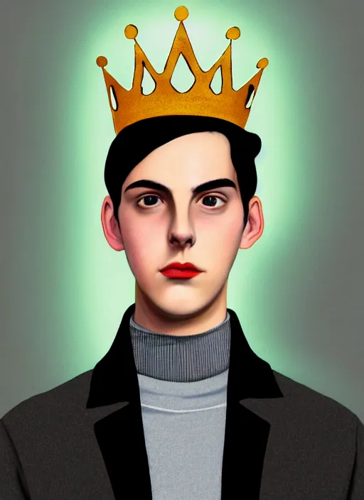 Image similar to portrait of teenage jughead jones wearing a light grey crown, crown, blue turtleneck, 1 9 5 0 s, closed eyes, photorealistic, black hair, glowing lighting, intricate, elegant, glowing lights, highly detailed, digital painting, artstation, concept art, smooth, sharp focus, illustration, art by wlop, mars ravelo and greg rutkowski