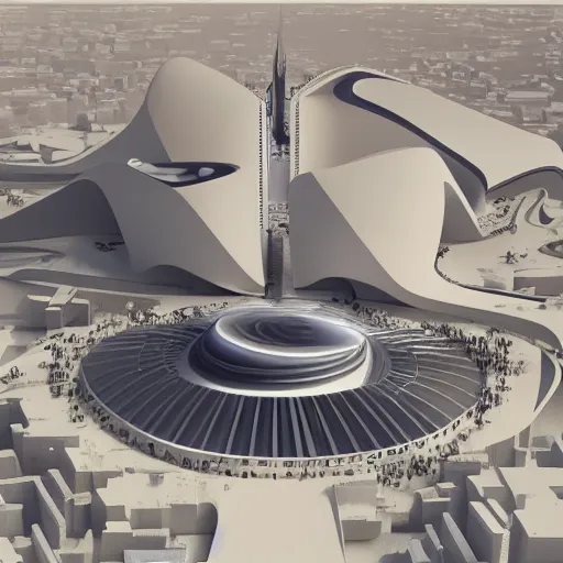 Prompt: futuristic makkah by zaha hadid drawn by Ernst Haekl