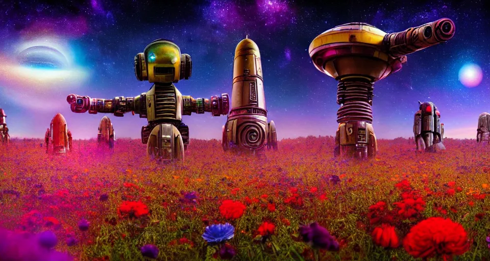 Prompt: a beautiful up close view of a mechanical mystical alien shrine in a field of multicolored colored flowers, underneath a star filled night sky, warm coloured, gigantic pillars and flowers, maschinen krieger, beeple, star trek, star wars, ilm, atmospheric perspective