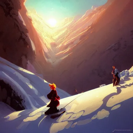 Prompt: avalanche down a snowy mountain, dramatic, cool shadows, warm light, cute, by disney, animation art - perfect global illumination, illustration, romantic painting, centered composition, by jesper ejsing, by rhads, makoto shinkai and lois van baarle