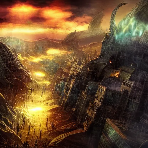 Prompt: mega detail, gigantic city, random inference, dragons breathing fire, dark magic, night fog, clouds, the matrix, in a battle, energy beam, video game