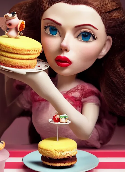 Image similar to closeup portrait of tin toy scarlett johansson eating cakes, depth of field, zeiss lens, detailed, symmetrical, centered, fashion photoshoot, by nicoletta ceccoli, mark ryden, lostfish, earl nore, hyung tae, frank frazetta, breathtaking, 8 k resolution, extremely detailed, beautiful, establishing shot, artistic, hyperrealistic, octane render