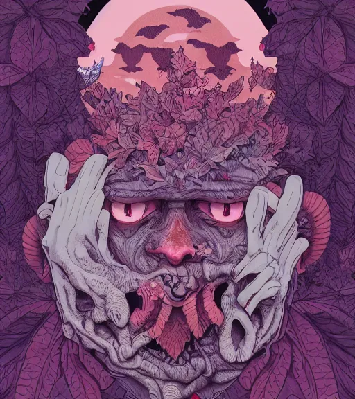 Prompt: portrait, nightmare anomalies, leaves with gargoyle by miyazaki, violet and pink and white palette, illustration, kenneth blom, mental alchemy, james jean, pablo amaringo, naudline pierre, contemporary art, hyper detailed