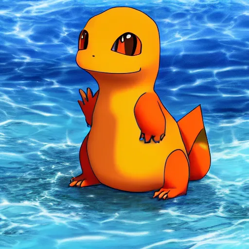 Image similar to a charmander with water powers, digital art, realistic,ocean background