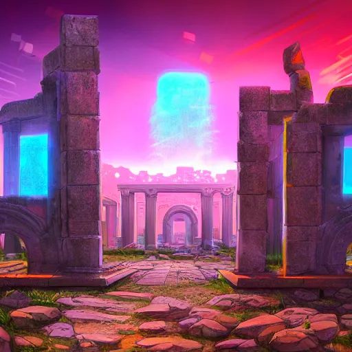 Prompt: neon ancient ruins,digital art retrowave art,trending on art station