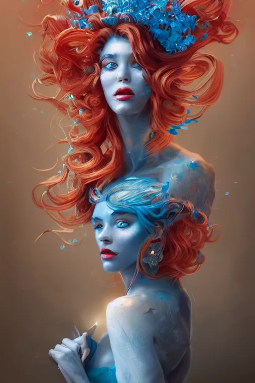 Prompt: an insanely detailed bust up portrait of a beautiful woman facing you, highly detailed features, sparkling blue eyes, long eyelashes, short electric blue hair, beautiful smile, red dress, in the style of peter mohrbacher, artgerm, dramatic lighting and composition, octane render, trending on artstation, concept art 8 k