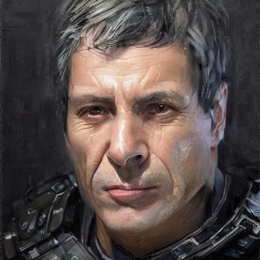 Prompt: Portrait of a man by Greg Rutkowski, he is about 60 years old, short black hair with bangs, his features are a mix between French, Turkish and Russian, dying, expression of epiphany and realization, he is wearing a futuristic tactical gear, highly detailed portrait, digital painting, artstation, concept art, smooth, sharp foccus ilustration, Artstation HQ.