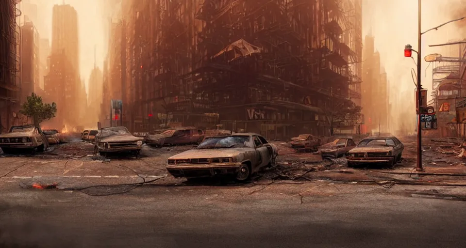 Prompt: A beautiful hyper realistic ultra detailed lifelike matte painting of close-up of a scruffy Timber Wolf standing in the middle of an abandoned post-apocalyptic New York City street at night with cars on fire, unreal engine, deviantart, flickr, artstation, octane render, textured, colorful, extreme realistic detail, physically based rendering, pbr render, very detailed, volumetric lighting, detailed lighting, octane render, 4k, cinematic lighting, 8k resolution