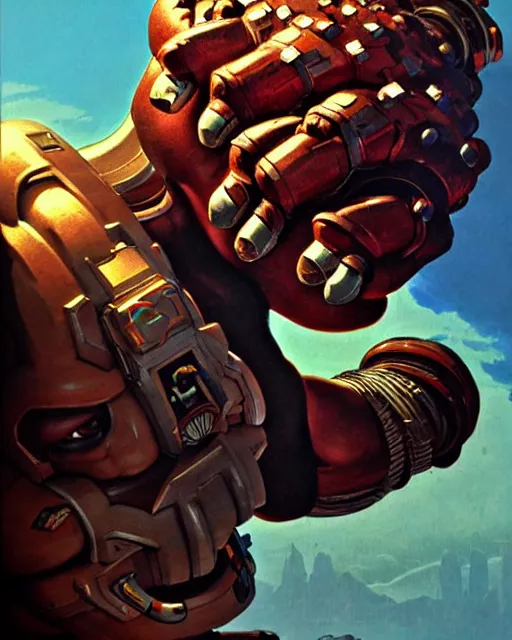 Image similar to doomfist from overwatch, aggressive expression, character portrait, portrait, close up, concept art, intricate details, highly detailed, vintage sci - fi poster, retro future, in the style of chris foss, rodger dean, moebius, michael whelan, and gustave dore