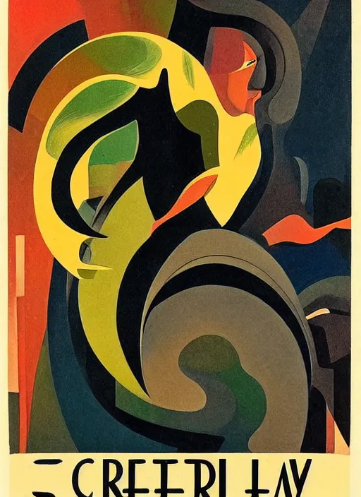 Prompt: 1920s art deco by Tito Corbella, moody, an abstract portrait of a lady enshrouded in a surrealist representation of quick frenzied motion blur of movement, abstract, 70s Sci-Fi art by Jack Gaughan, by Igor Scherbakov by Anthony Cudahy, vintage postcard illustration, cover by Mitchell Hooks