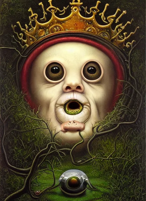 Image similar to Oil painting - a regular earthworm with a tiny little crown peeking out form a hole, Masterpiece, Mark Ryden, Wolfgang Lettl highly detailed, hints of Yayoi Kasuma