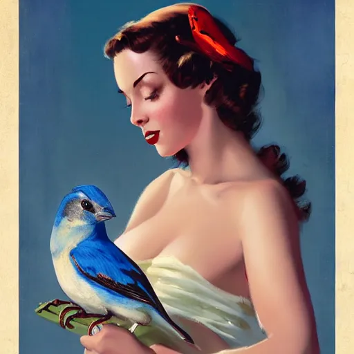 Image similar to portrait of a pinup girl holding an indigo bunting, bird, the bird is wearing a bowtie, by greg rutkowski, rossdraws, gil elvgren, enoch bolles, anime, porcelain skin, very coherent