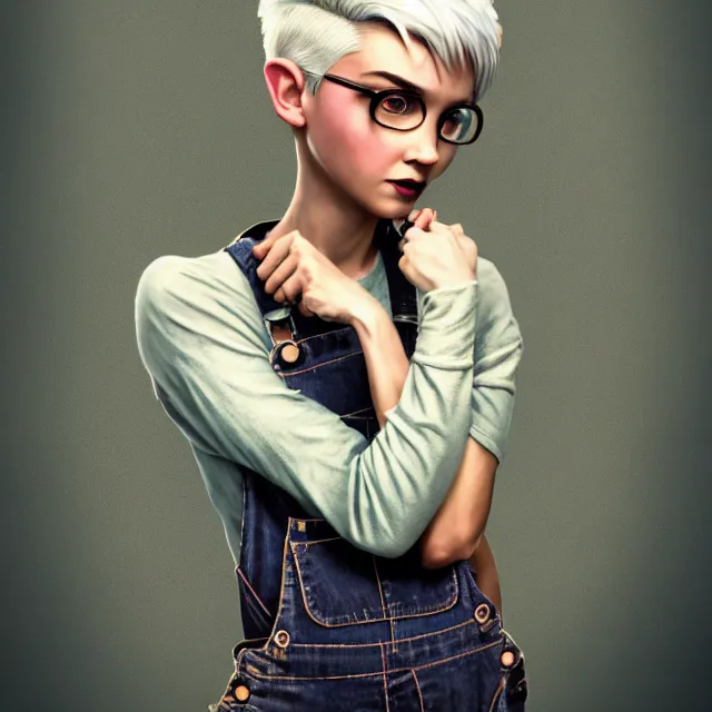 Image similar to full body pose, beautiful adult book fairy, pixar, short white hair shaved sides, dirty, grungy, grunge, long sleeve, painted overalls, stacks of giant books, highly detailed, 4 k, hdr, smooth, sharp focus, high resolution, award - winning photo, artgerm, photorealistic