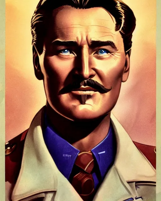 Image similar to Errol Flynn as a scientist. 1980s dystopian Soviet Russia, propaganda screens. Unreal engine, fantasy art by Loish. Faithfully depicted facial expression, perfect anatomy global illumination, radiant light, detailed and intricate environment