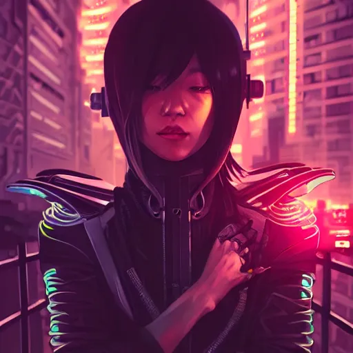 Prompt: candid action photo of a fierce dangerous female cyberpunk hacker samurai in neotokyo at night, futuristic cyberpunk tokyo night, sci - fi and fantasy, intricate and very beautiful, highly detailed, digital painting, artstation, concept art, smooth and sharp focus, illustration, art by tian zi and wlop and alphonse mucha