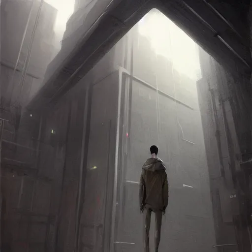 Image similar to concept art by greg rutkowski, a very tall and slender young man, dressed in patient clothes and an open sweatshirt, wandering through the desolate, futuristic, brutalist interior of a space colony, depressing atmosphere, low lighting, scifi, highly detailed portrait, digital painting, artstation, concept art, smooth, sharp foccus ilustration, artstation hq