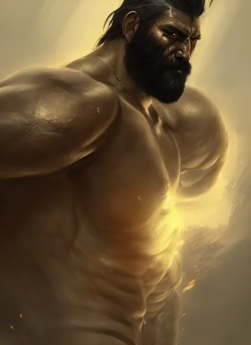 Image similar to Half-body portrait of an old muscular human warrior with dark beard and yellow eyes. In style of Hyung-tae Kim and Greg Rutkowski, concept art, trending on ArtStation, Korean MMORPG, over-detailed art, 8K, epic, dynamic lightning, dramatic pose.