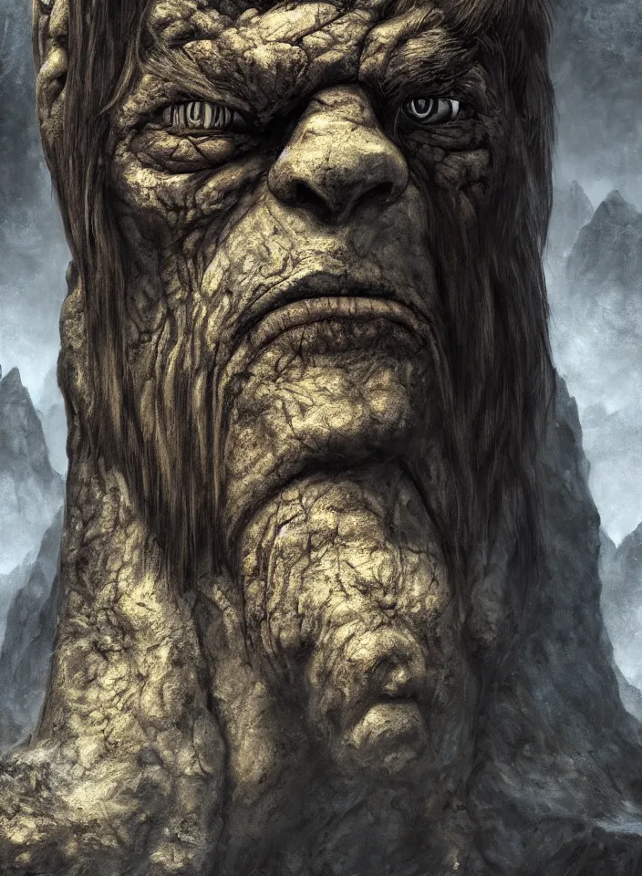Prompt: a face portrait of a giant rock troll from skyrim, fantasy setting, stone face, dim colors, soft lighting, atmospheric, cinematic, moody, in the style of diego koi, gina heyer, luiz escanuela, art by alyssa monk, hyperrealism, rule of thirds, golden ratio, oil on canvas, 8 k