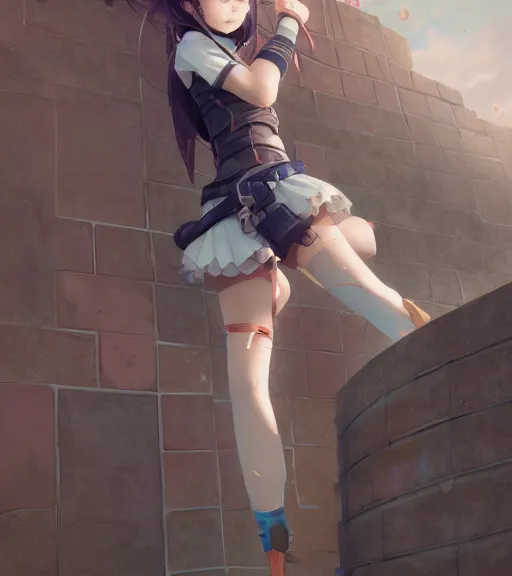 Prompt: anime waifu girl climbing a wall highly detailed, trending on Artstation, Unreal Engine 4k, cinematic wallpaper by Stanley Artgerm Lau, WLOP, Rossdraws, James Jean, Andrei Riabovitchev, Marc Simonetti, and Sakimichan