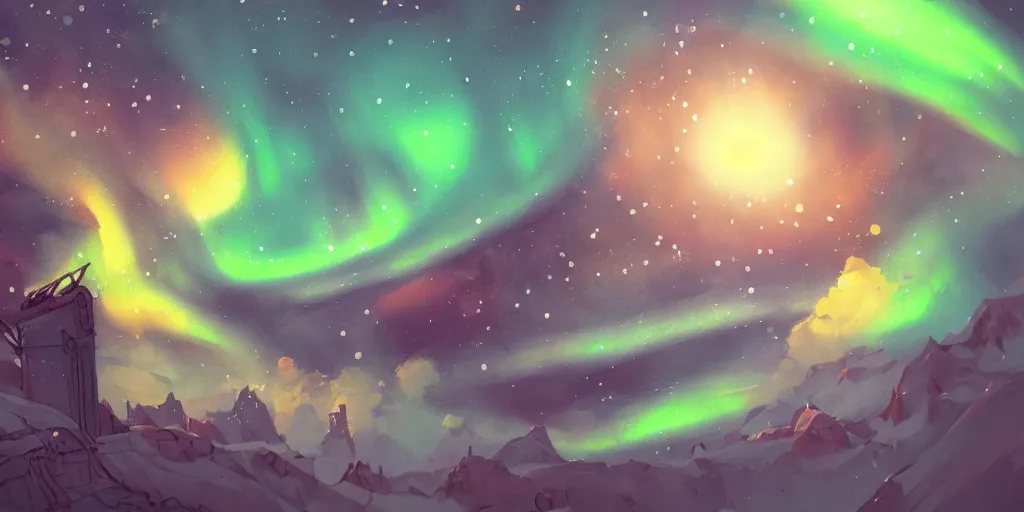 Image similar to sky with northern lights, illustration, best of artstation, steampunk style