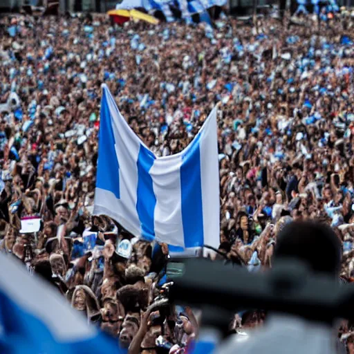 Image similar to Lady Gaga as president, Argentina presidential rally, Argentine flags behind, bokeh, giving a speech, detailed face, Argentina