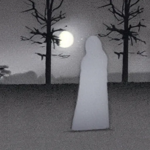 Image similar to a low - quality vhs video from 1 9 9 0 of a cg ghost wandering a moonlit cemetery