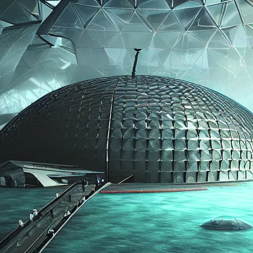 Prompt: a huge futuristic combat stadium with a forcefield dome underwater, hexagonal shaped, elegant architecture, modern, epic light, elegant, artstation, intricate, highly detailed, ultra realist, hd, unreal engine, 3 d, hd