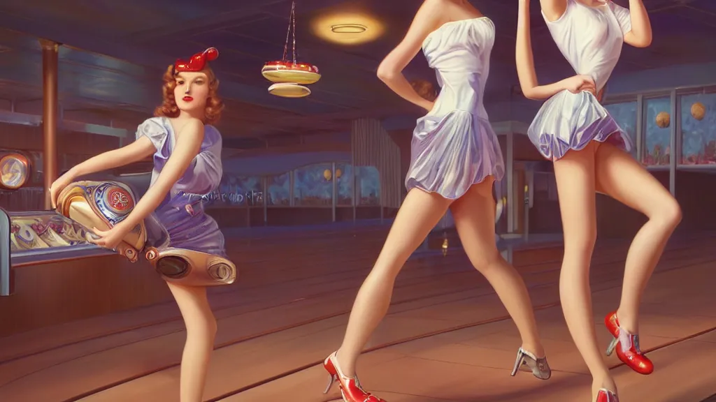 Prompt: photo of cute girls bowling, art deco bowling alley, ultra detail, photoreal, professionally retouched, soft moonlight lighting, shiny plastic miniskirt, realistic, smooth face, goddess, luscious lips, perfect eyes, wide angle, sharp focus on eyes, 8 k high definition, insanely detailed, intricate, elegant, art by artgerm and wlop